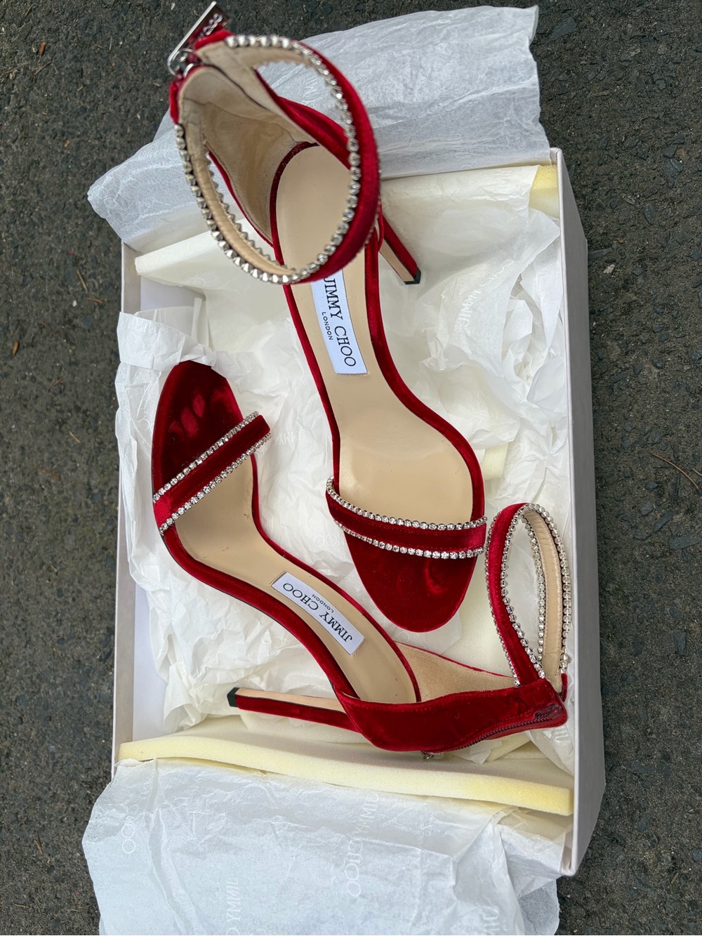 Jimmy Choo Red Velvet Crystal-Ankle Strap Sandals (worn once) - Picture 2 of 3